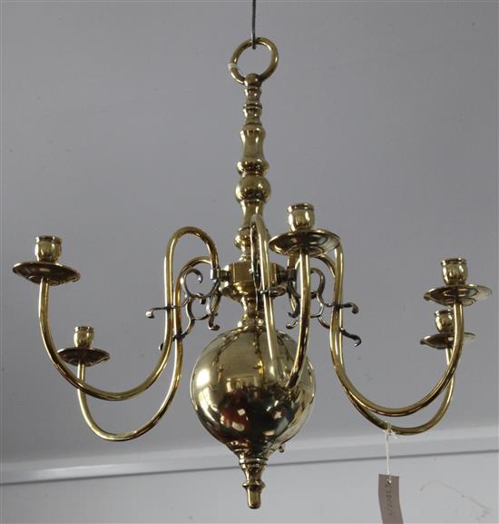 A Dutch brass five branch chandelier, W.27in.